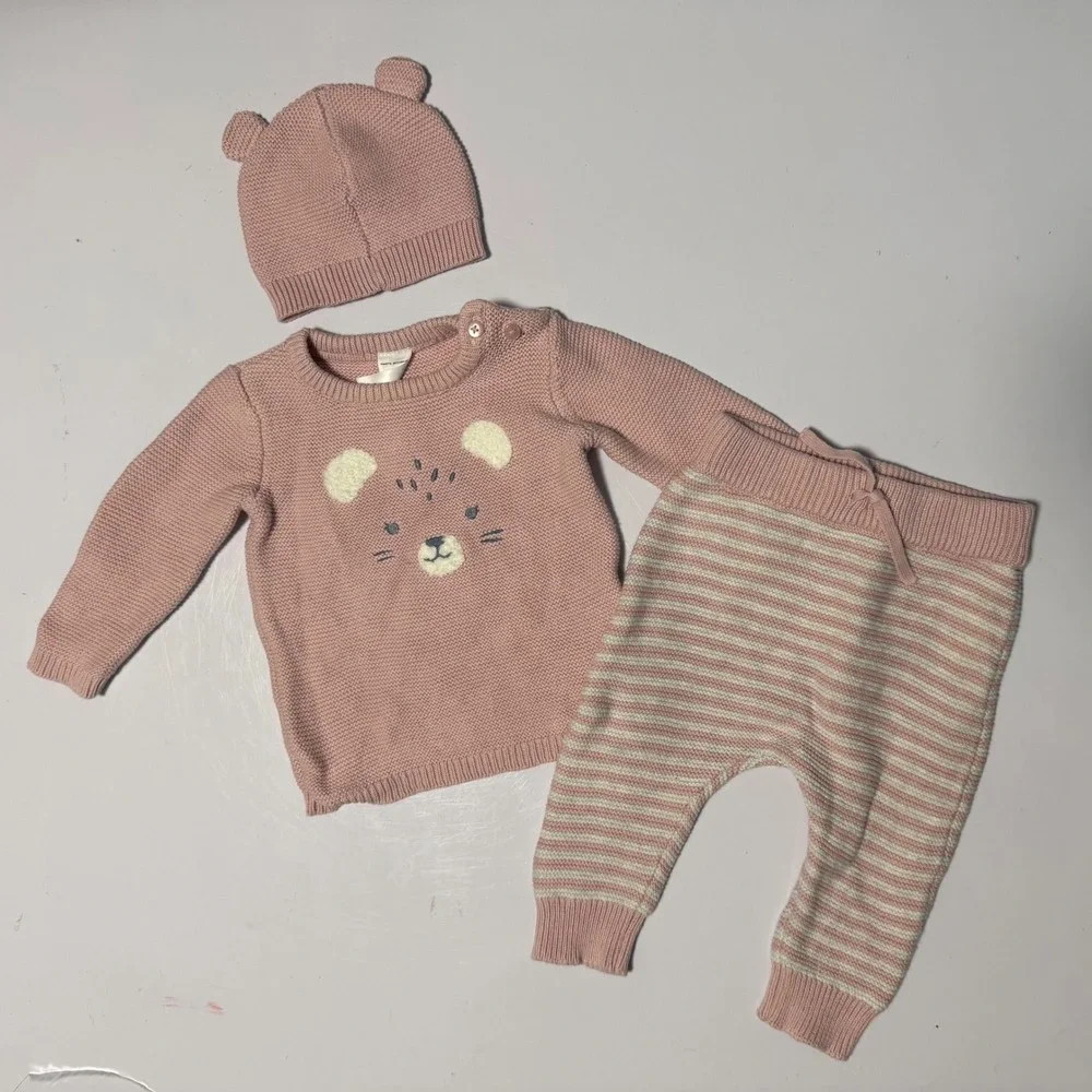 Carters Just One You Pink Knit‎ Bear Sweater Striped Pants Hat 3pc Set 6m
